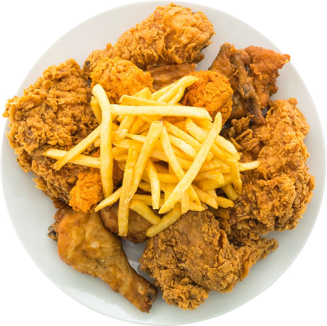 Fried chicken and french fries in white plate